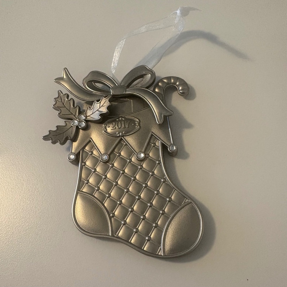 2017 Christmas‎ Ornament Stocking Metal Dated Candy Cane Silver Tone Hanging